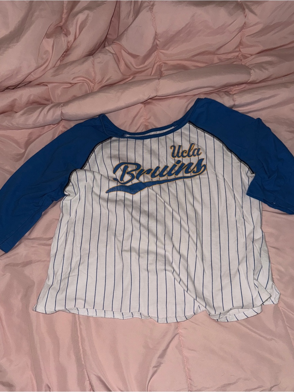 Colosseum White Pinstripe Baseball Tee with Royal Blue and Gold Script